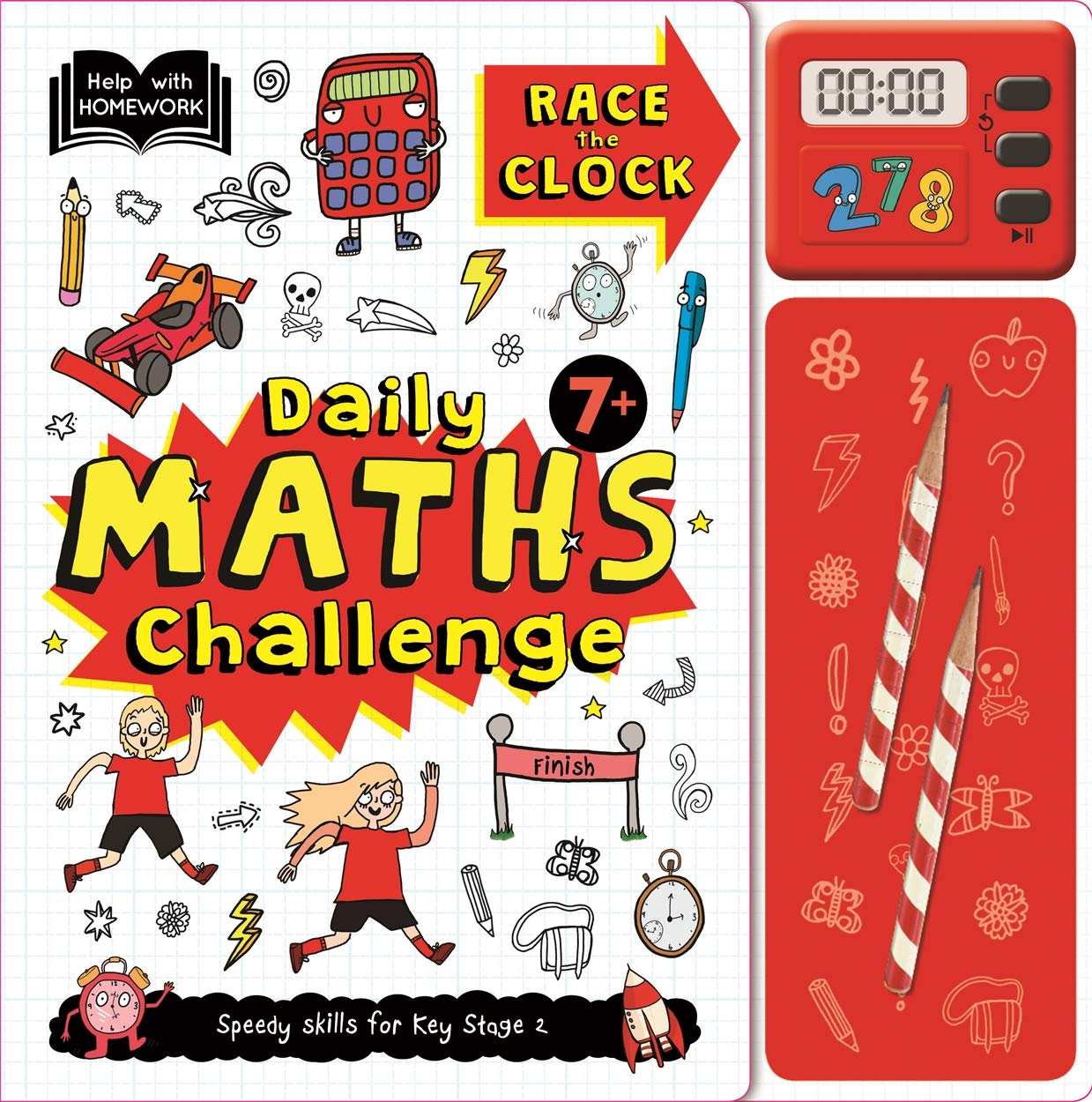 Help With Homework: 7+ Maths Challenge Pack (HWH Daily Challenge Pack) Hardcover – July 21, 2019 - littlepuffinChildren's Non - FictionIgloo BooksBook Cover: Math Challenge for Age 7+ with clock and pencil