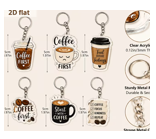 2D Flat Surface, 6pcs Aesthetic Coffee Cup Themed Acrylic Keychains