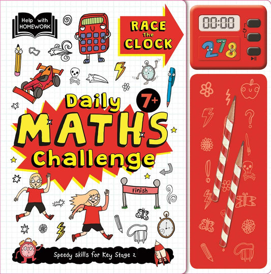 Help With Homework: 7+ Maths Challenge Pack (HWH Daily Challenge Pack) Hardcover – July 21, 2019 - littlepuffinChildren's Non - FictionIgloo BooksBook Cover: Math Challenge for Age 7+ with clock and pencil